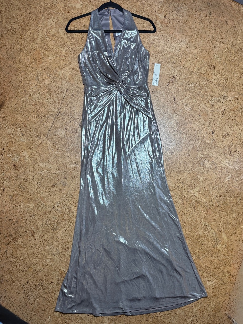 Eliza J Twist-Front Metallic Knit Maxi Gown Dress NWT Sz 6 In Metallic Taupe